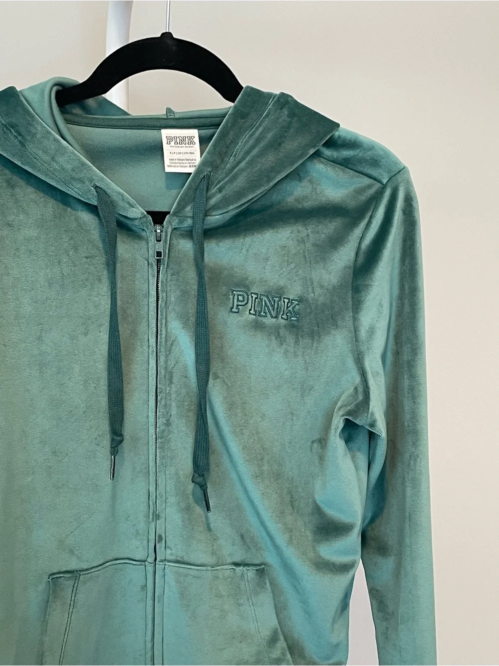 PINK Victoria's Secret Green Velour Zip Hoodie - Small